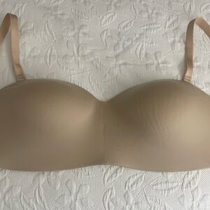 Wacoal strapless or use wide set straps, lightly lined cups, in sand color.